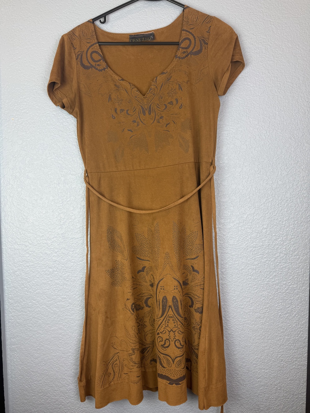 Desigual Dress Womens Small Boho Patterned Short Sleeve Lined Belted 48V2142